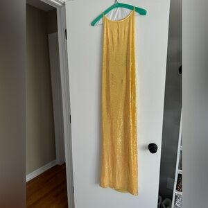 Lulus glam diva iridescent yellow sequin lace up maxi dress. Size Medium